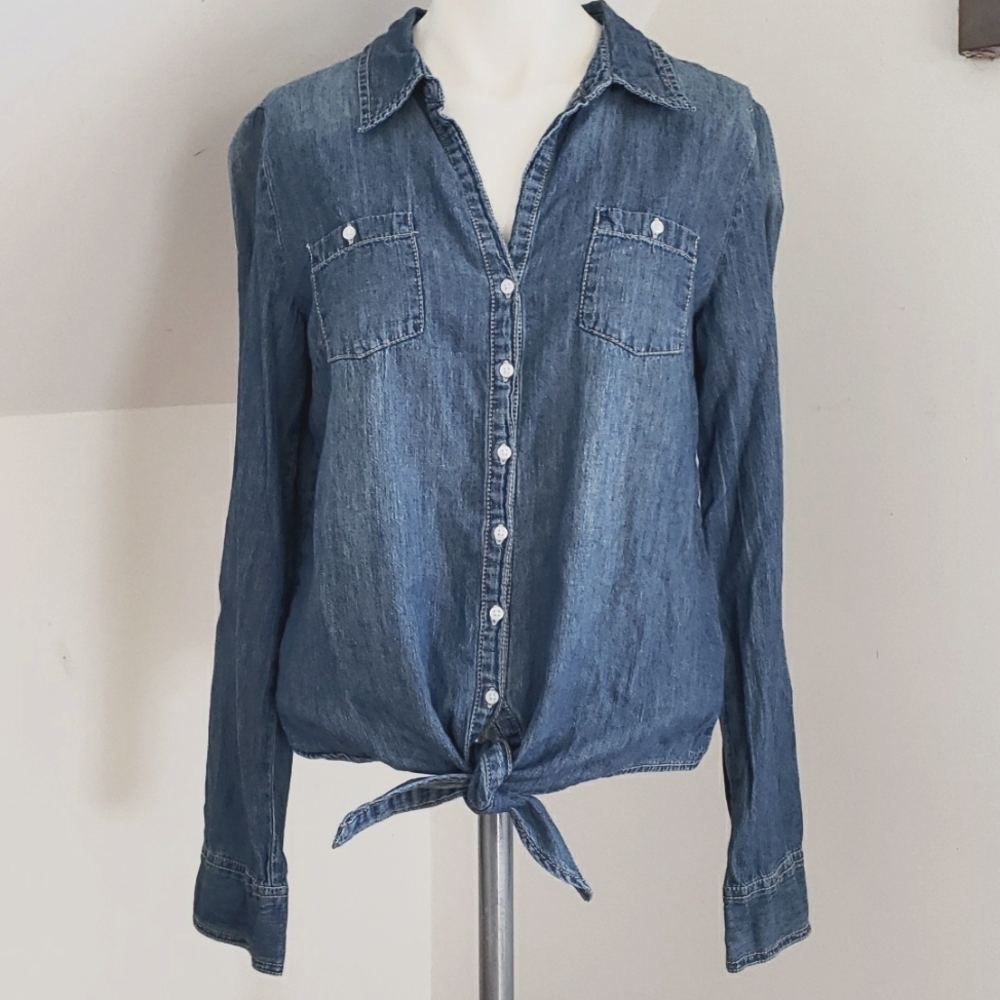 LEI Denim Brandi Junior Tie & Button Front Splitneck Long Sleeve Shirt, Junior M